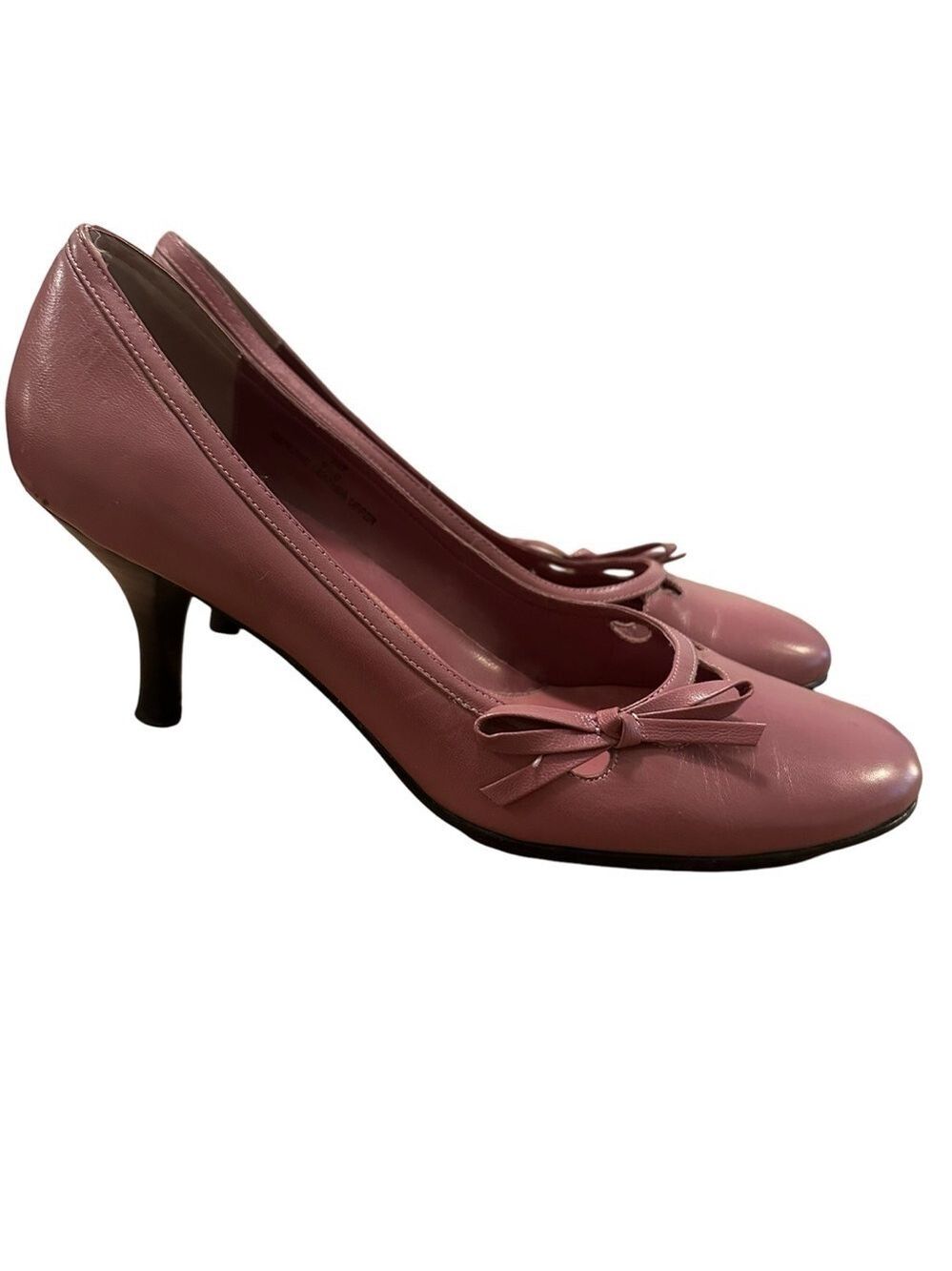 Carlos Falchi F Studio Vintage Round Toe Bow Detail Leather Heels Pumps in Mauve